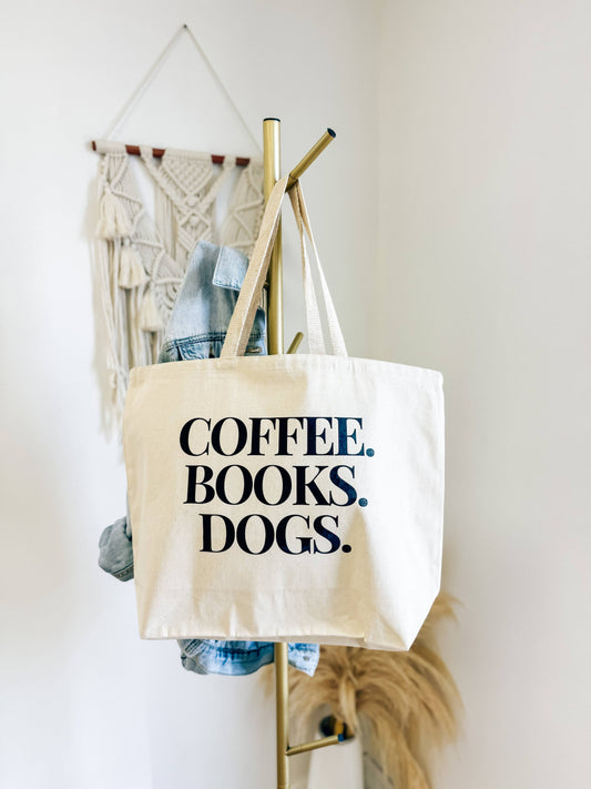 Coffee. Books. Dogs. Jumbo Canvas Tote Bag Core Hart and Hollow