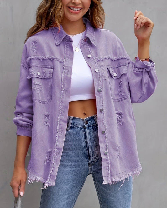 Violet Ripped Long-Sleeved Denim Jacket Fall-Winter Rosa Clothing