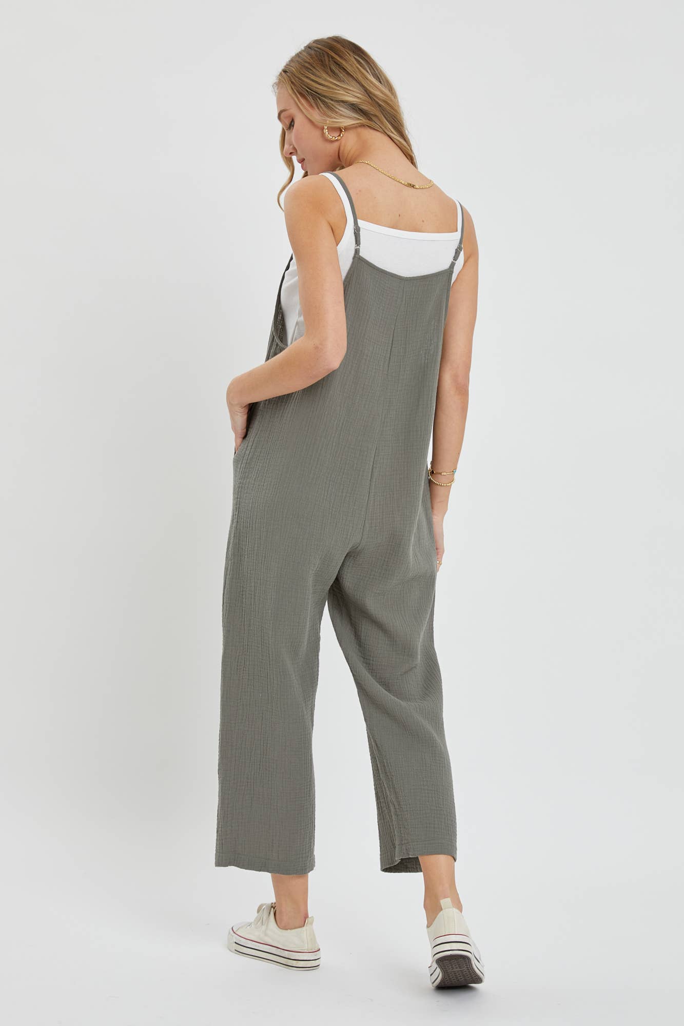 COTTON GAUZE SLEEVELESS JUMPSUIT IN OLIVE Spring-Summer Sweet Lovely by Jen