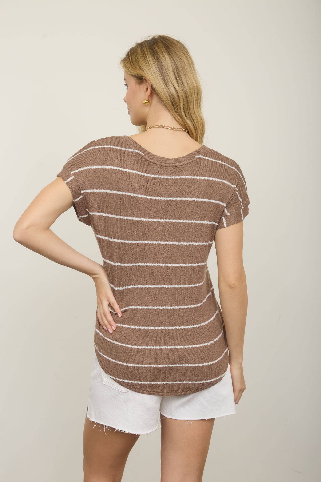 STRIPE V NECK CUFFED SHORT SLEEVE KNIT TOP