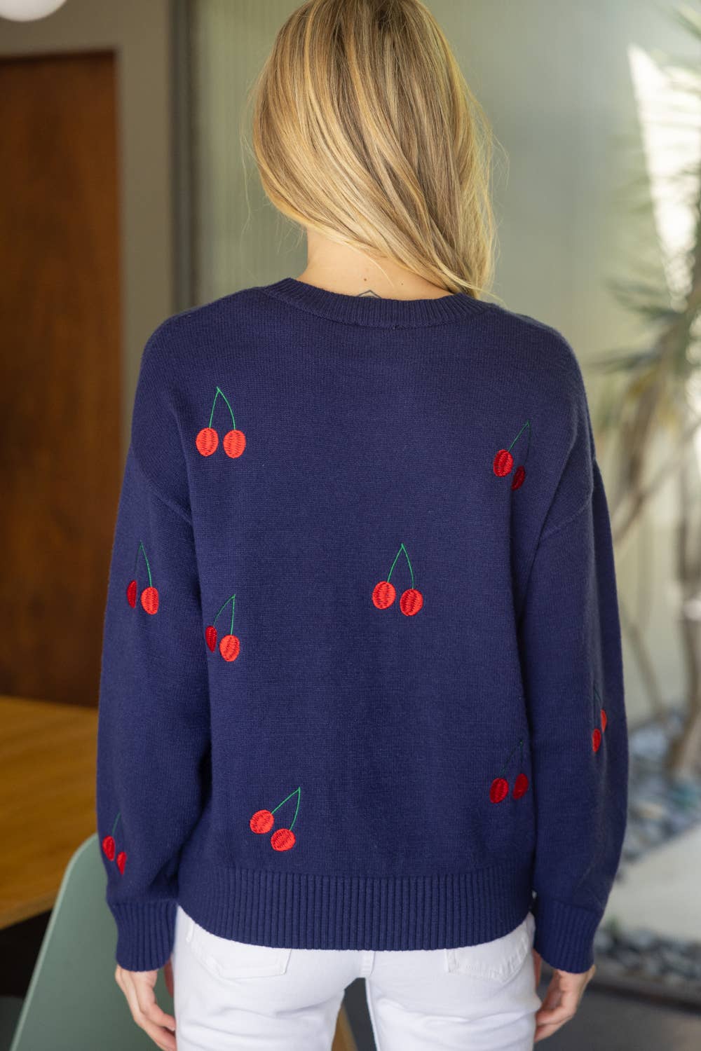 Navy with Cherry Embroidered Long Sleeve Sweater Fall-Winter VOY