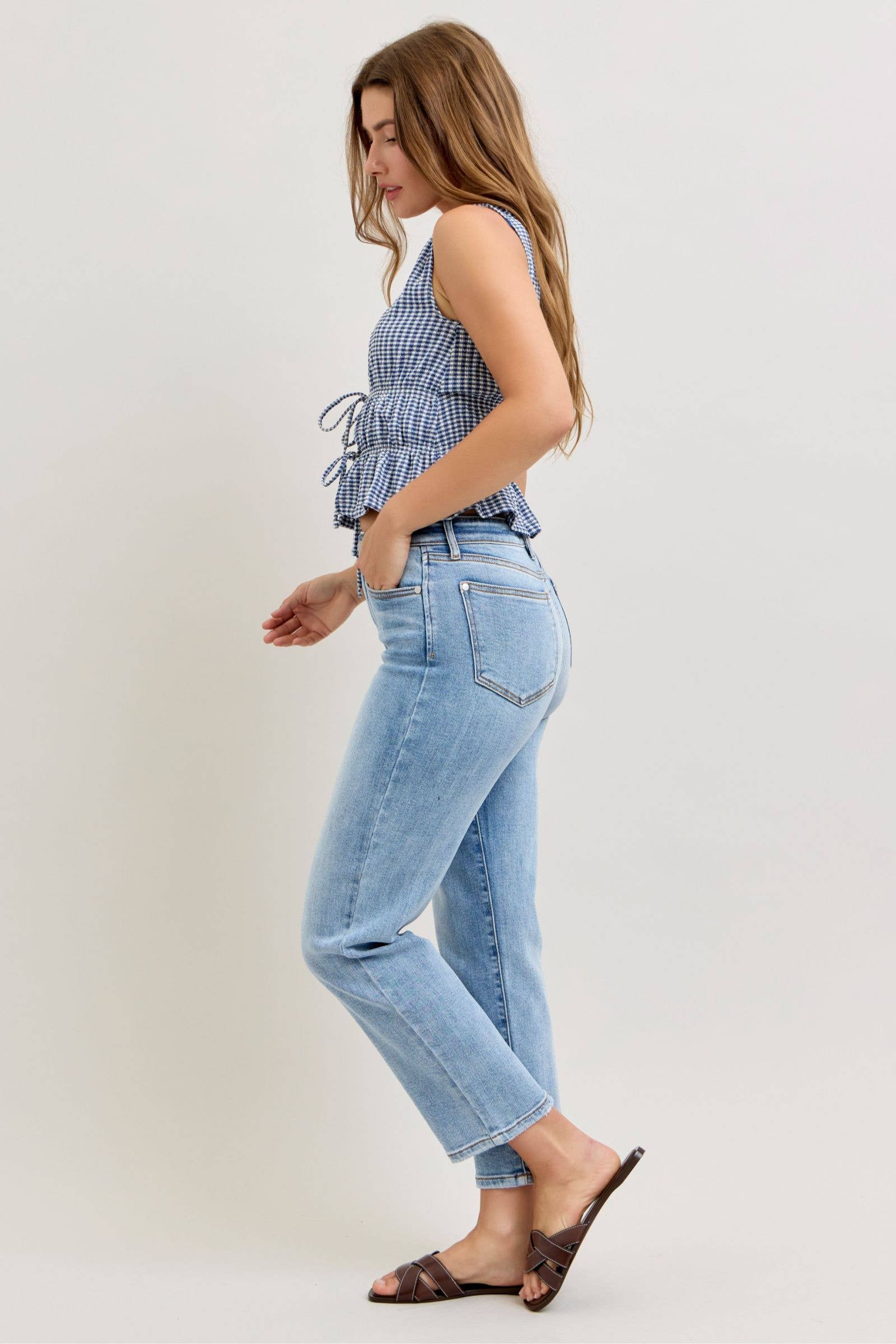 udy Blue High Waist Classic Light Wash Ankle Straight Jeans, Inseam 28"