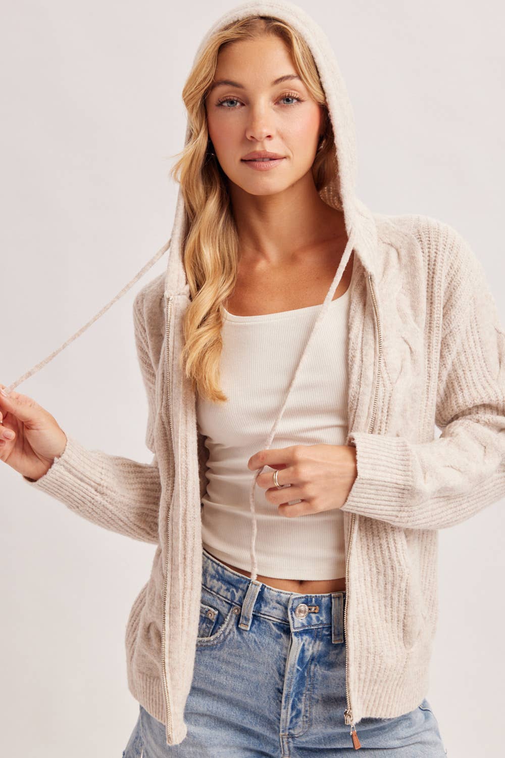CABLE KNIT SWEATER CARDIGAN WITH HOOD