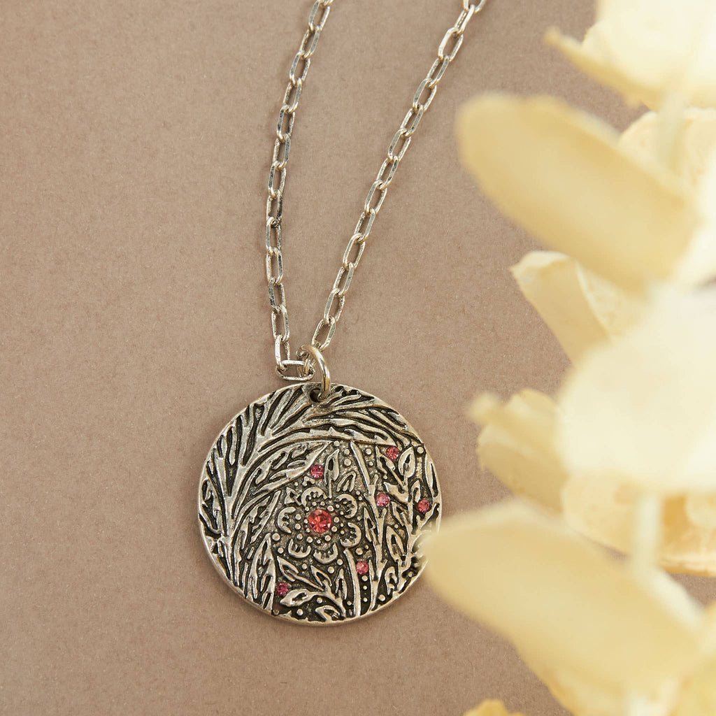Silver Pendant Necklace – Dahlia Floral Pendant with Crystal Accents