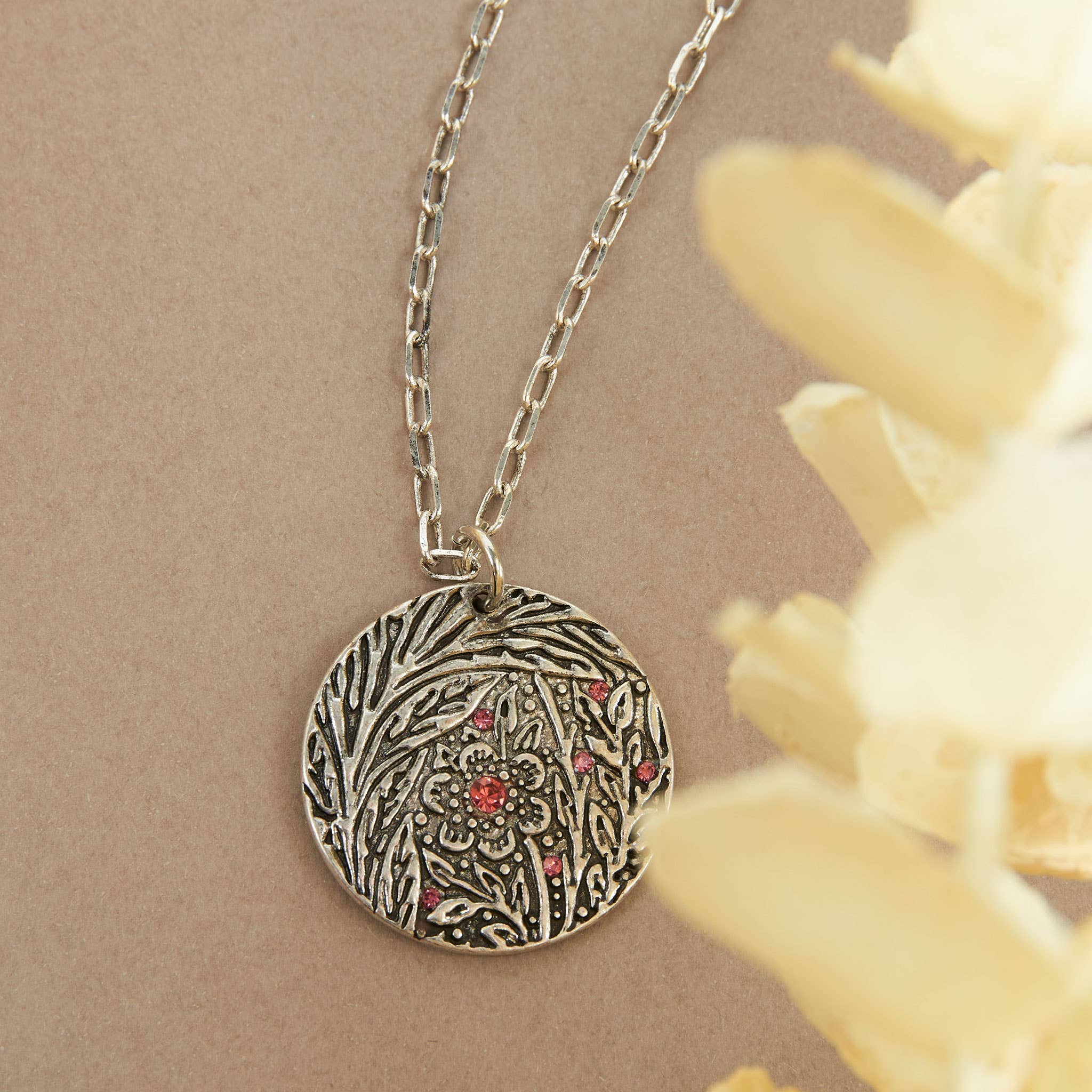 Silver Pendant Necklace – Dahlia Floral Pendant with Crystal Accents
