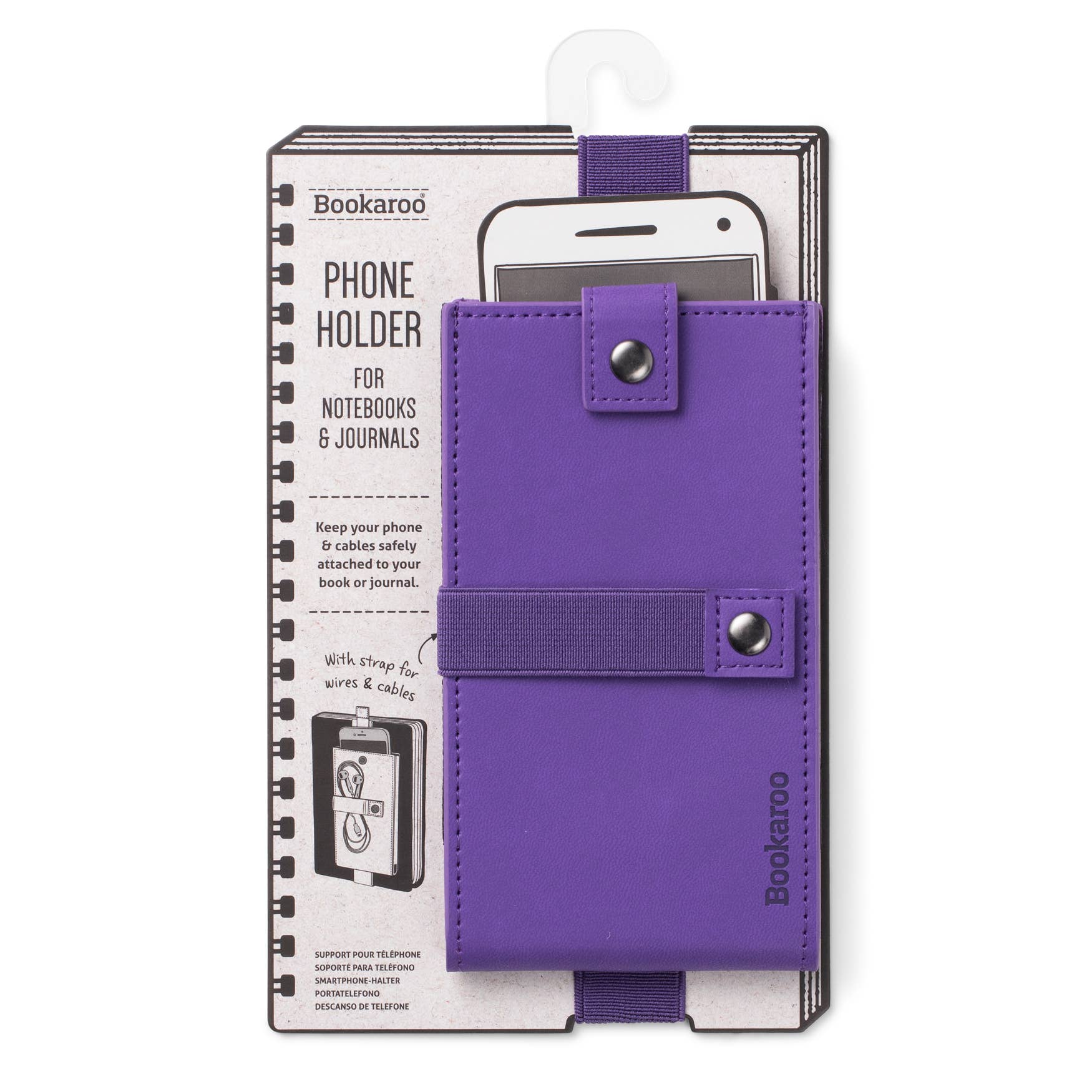 Bookaroo Phone Holder in purple for notebooks and journals, stylish and practical phone and cable organizer with elastic strap.