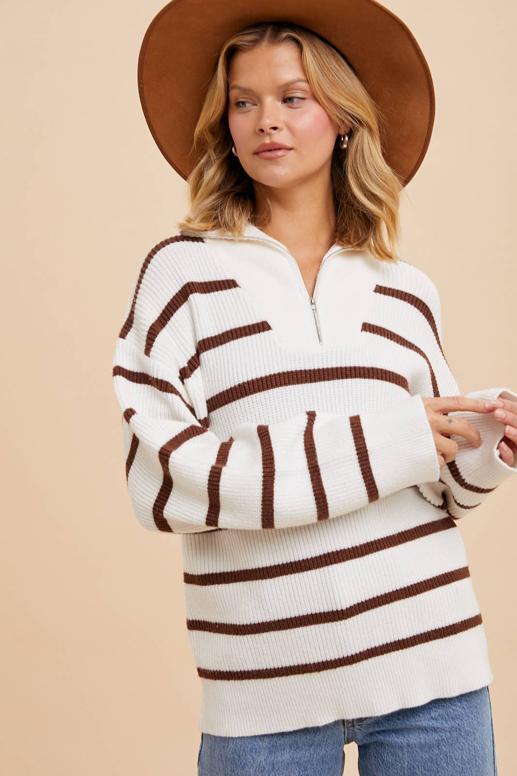 CREME/LATTE STRIPED HALF ZIP KNITTED PULLOVER Fall-Winter In Loom