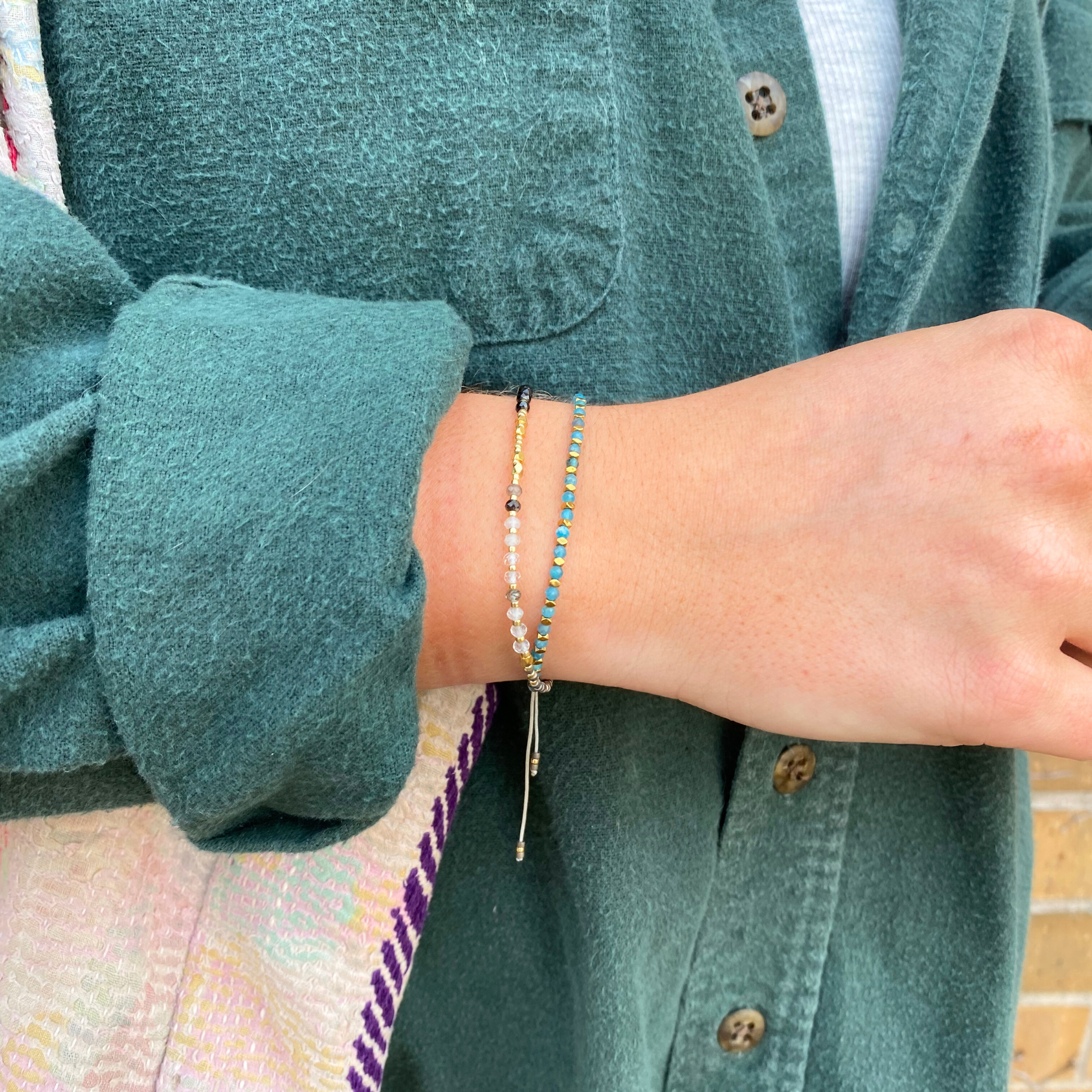 Tiny Semi-Precious Stone Brass Spacer Beaded Bracelet Adjust