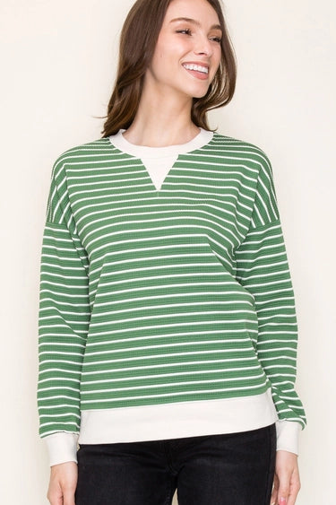 Green Color Contrasted Bands Texture Striped Long Sleeve Pullover Fall-Winter Staccato