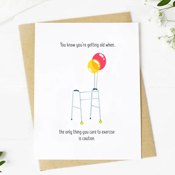 Big Mood Cards A2 size hand-drawn card with a walker and balloons, printed on matte 16pt cardstock, blank inside with kraft envelope.