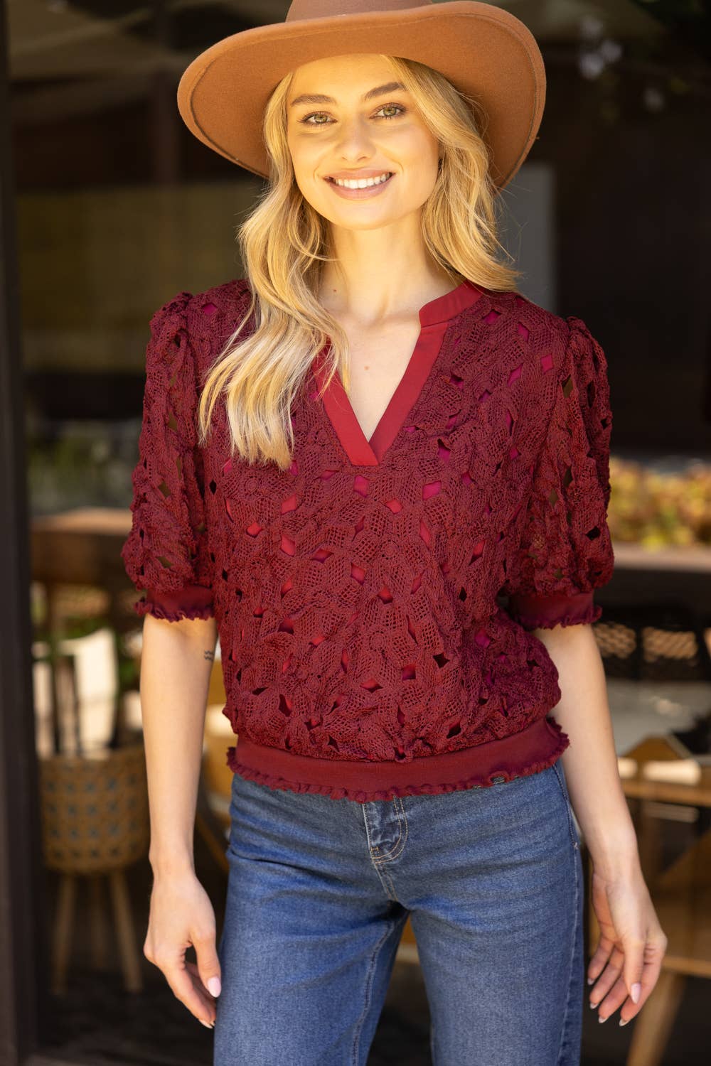 VOY - 35912 Elastic Band Detailed Floral Crochet Top VOY
