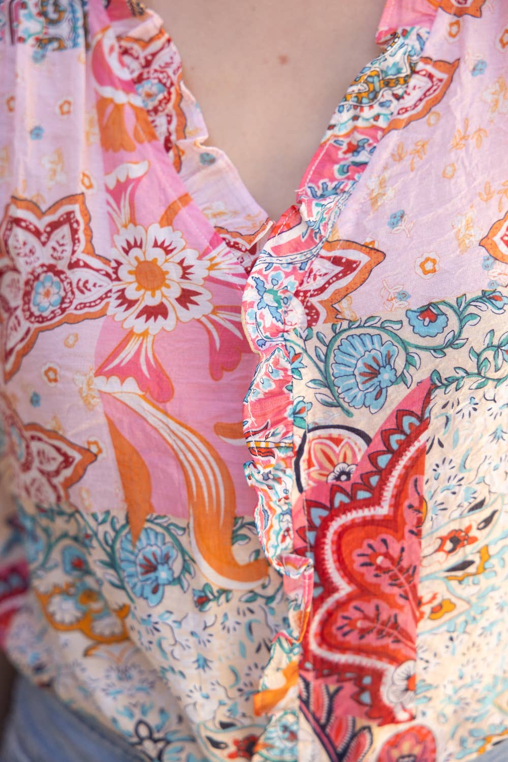 Pink Pleated Sleeve Mixed Paisley Print Button Up Top VOY