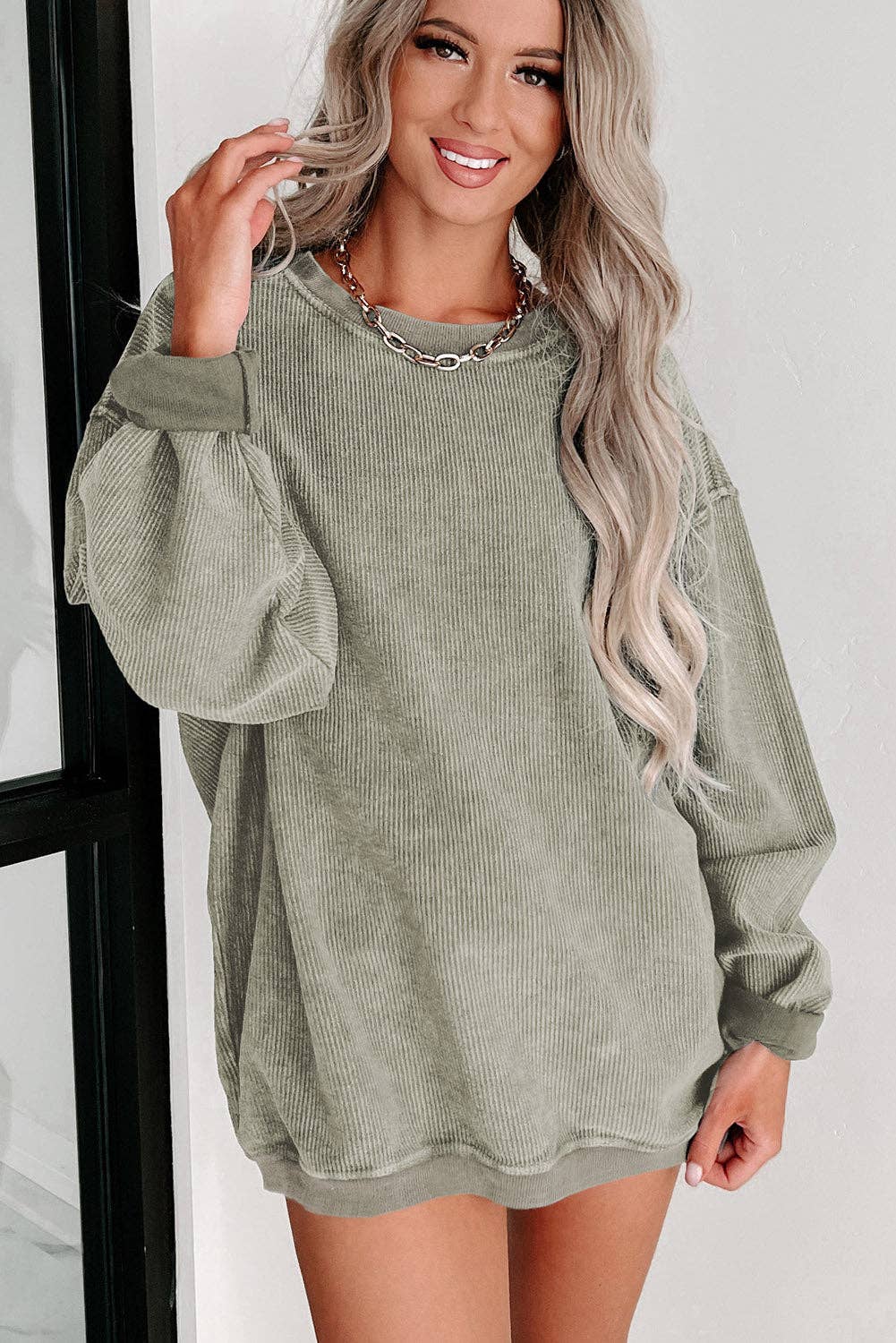 Solid Ribbed Knit Round Neck Pullover Sweatshirt: Green Spring-Summer Lovesoft