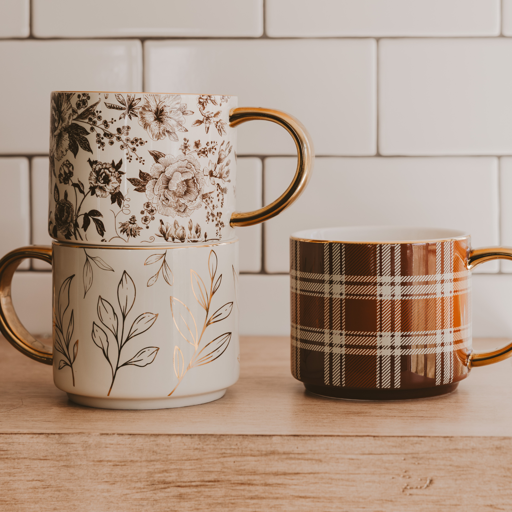 Coffee Mug - Brown Plaid Gold Handle | Fall Decor & Thanksgiving Gifts