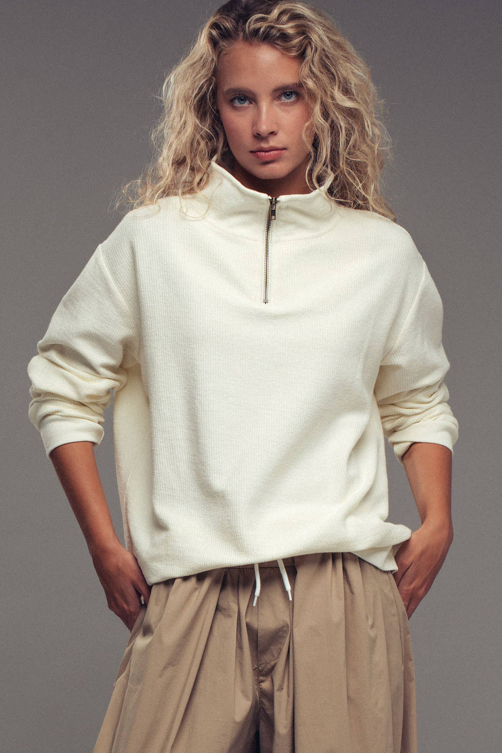 Vintage Washed Quarter Zip Ribbed Sweatshirt