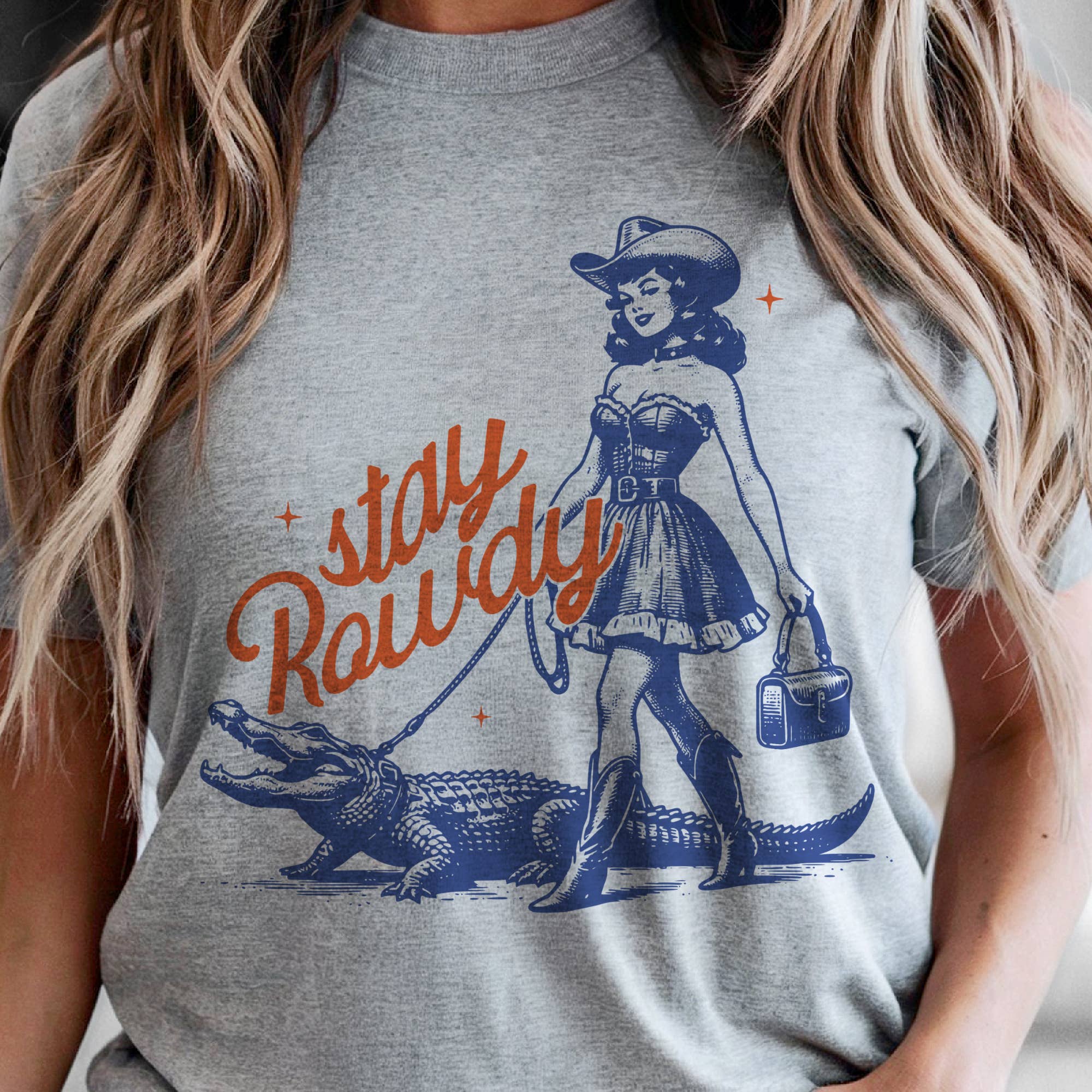 Sarcastic Graphic Tee | Stay Rowdy Retro Cowgirl Alligator Graphic Tee