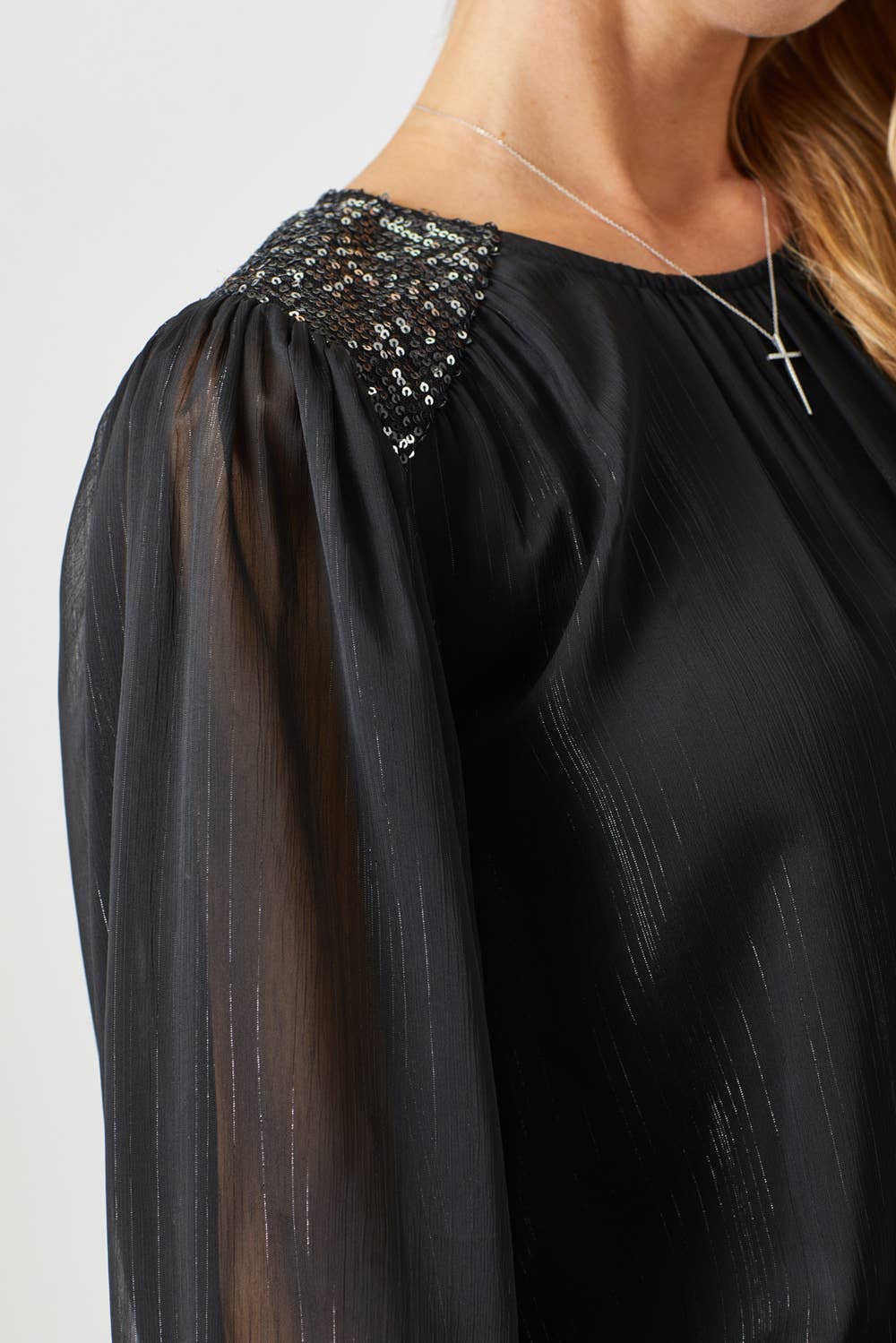 Black Flowy Glitter Chiffon Blouse Fall-Winter Mystree