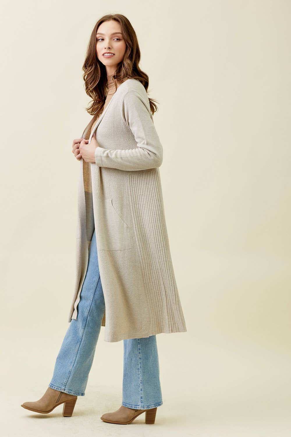 Almond Sweater Open Long Cardigan Fall-Winter Mystree