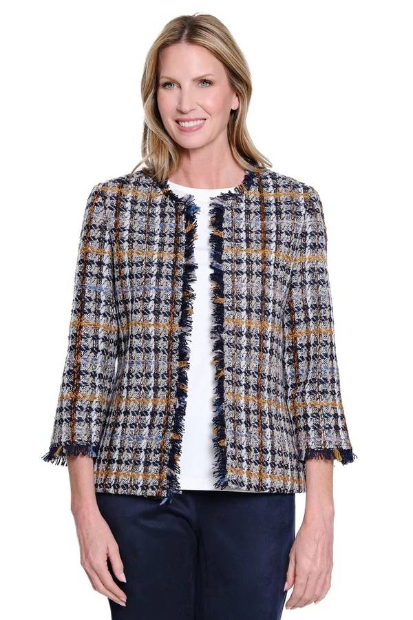 Fringe Trim Plaid Jacket