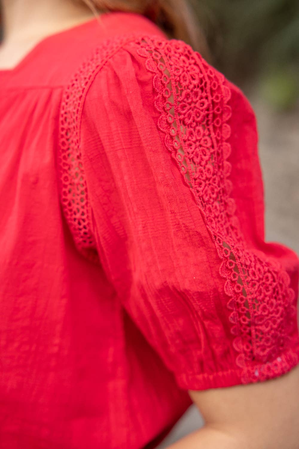Lace Detailed V Neck Short Sleeve Red Top Spring-Summer VOY
