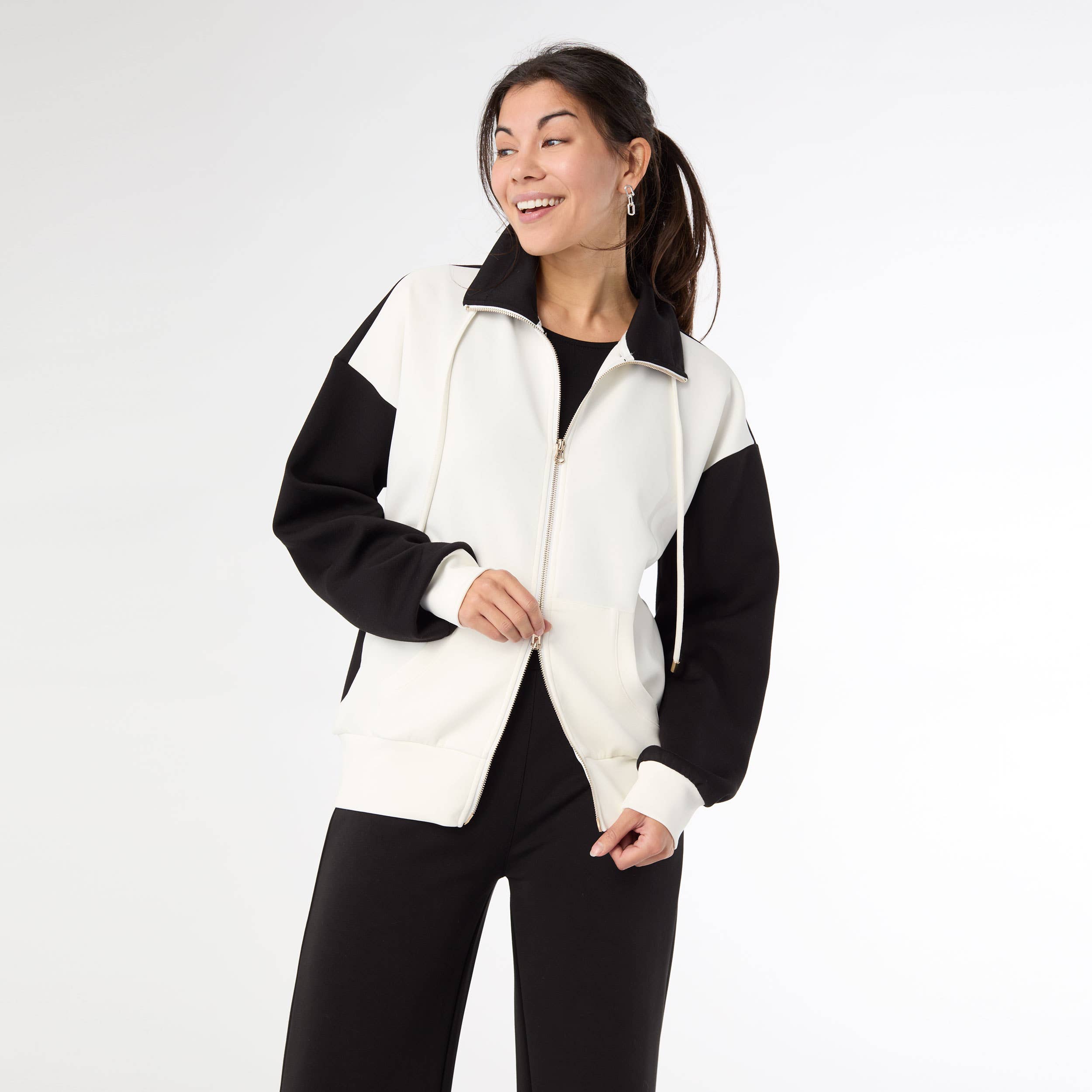 Hilarie Two-Tone Zip Front Sweatshirt