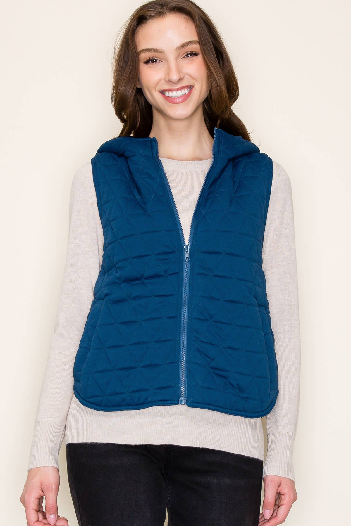 Teal Hooded Quilted Knit Vest with Zipper Closure and Pockets Fall-Winter STACCATO