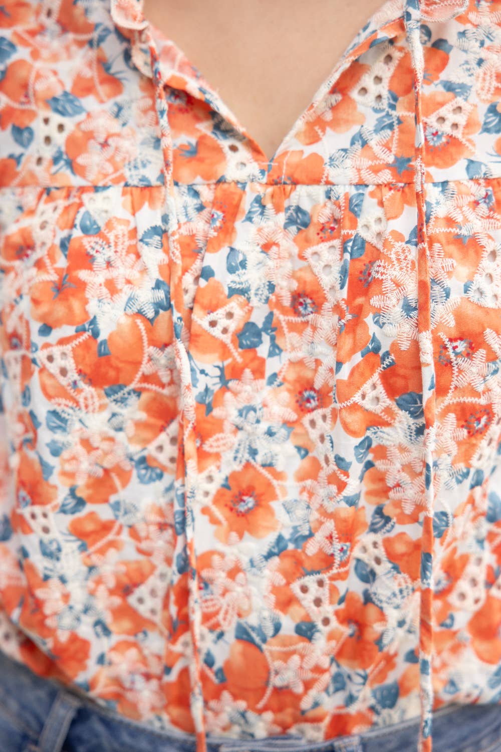 Printed Eyelet Bubble Sleeve and Tassel Orange Top Spring-Summer VOY