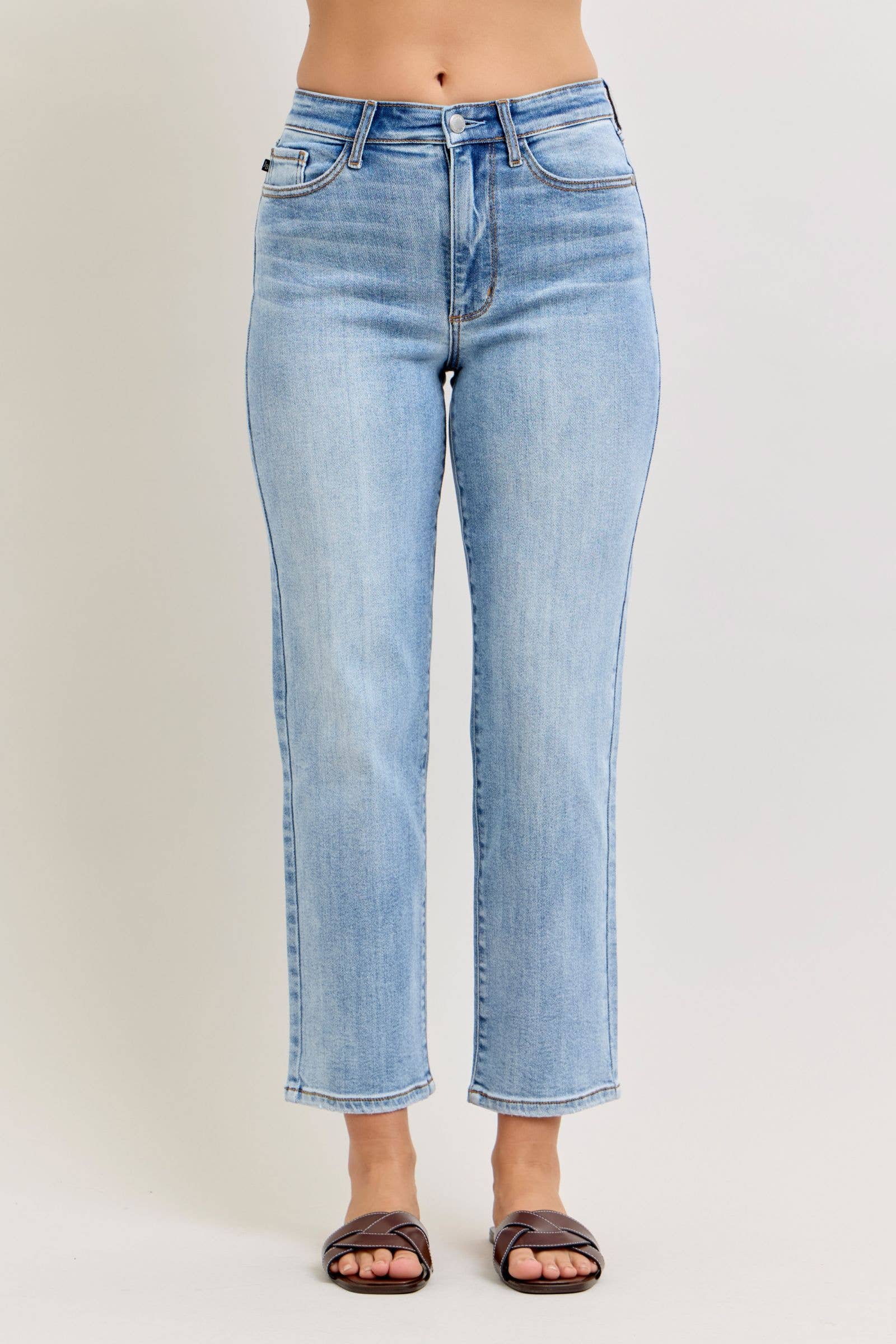 udy Blue High Waist Classic Light Wash Ankle Straight Jeans, Inseam 28"