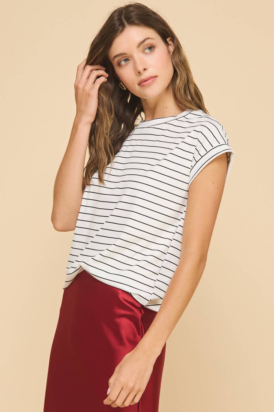 Model wearing Amicis Kate T-shirt rib stripe cuffed crewneck made in USA size S