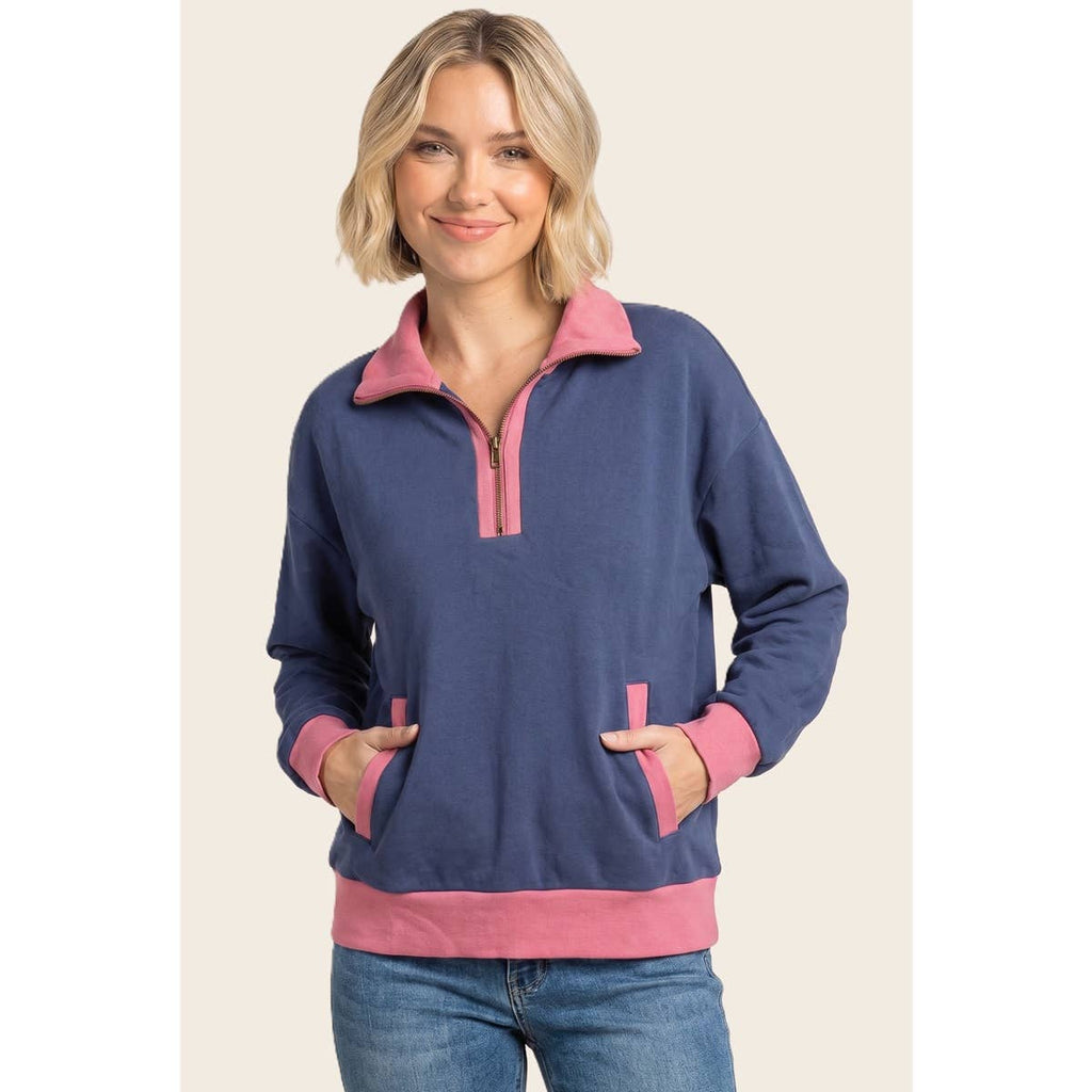 MOCK NECK HALF ZIP COLOR BLOCKED SWEATSHIRT