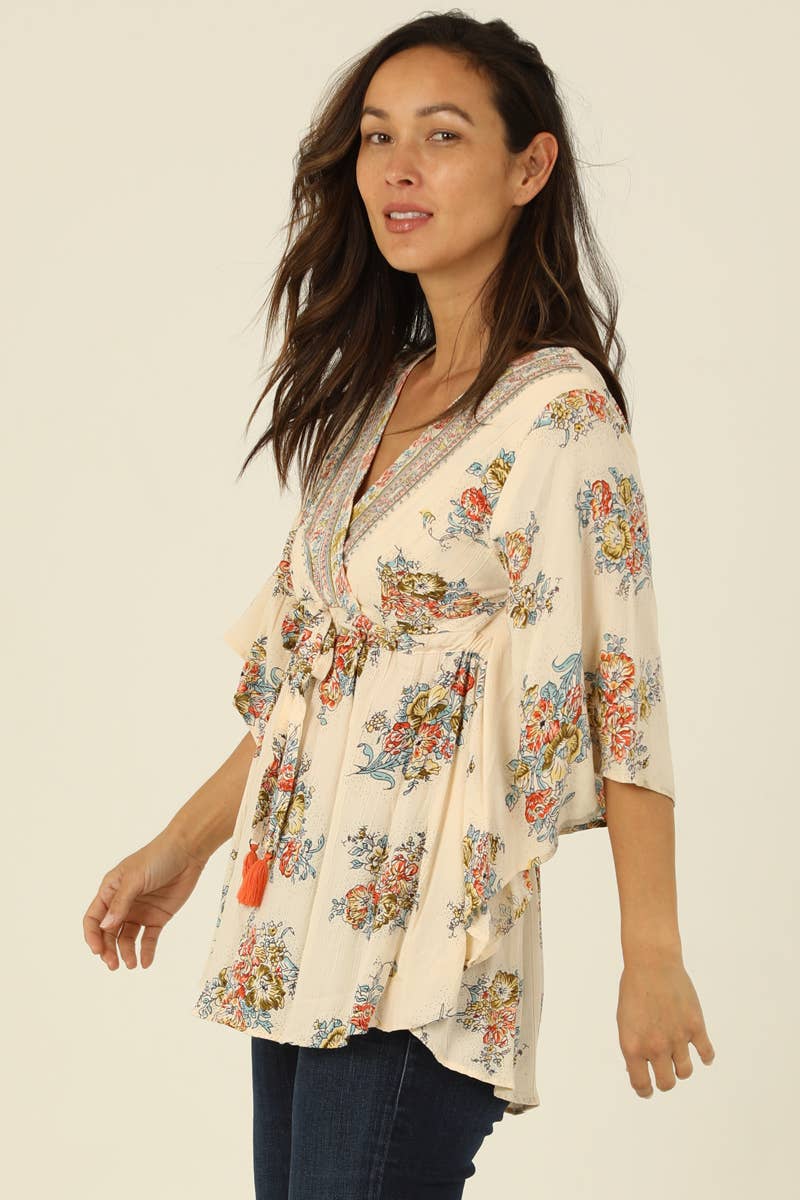 V NECK TASSEL TIE WAIST KAFTAN BLOUSE Spring-Summer Nostalgia