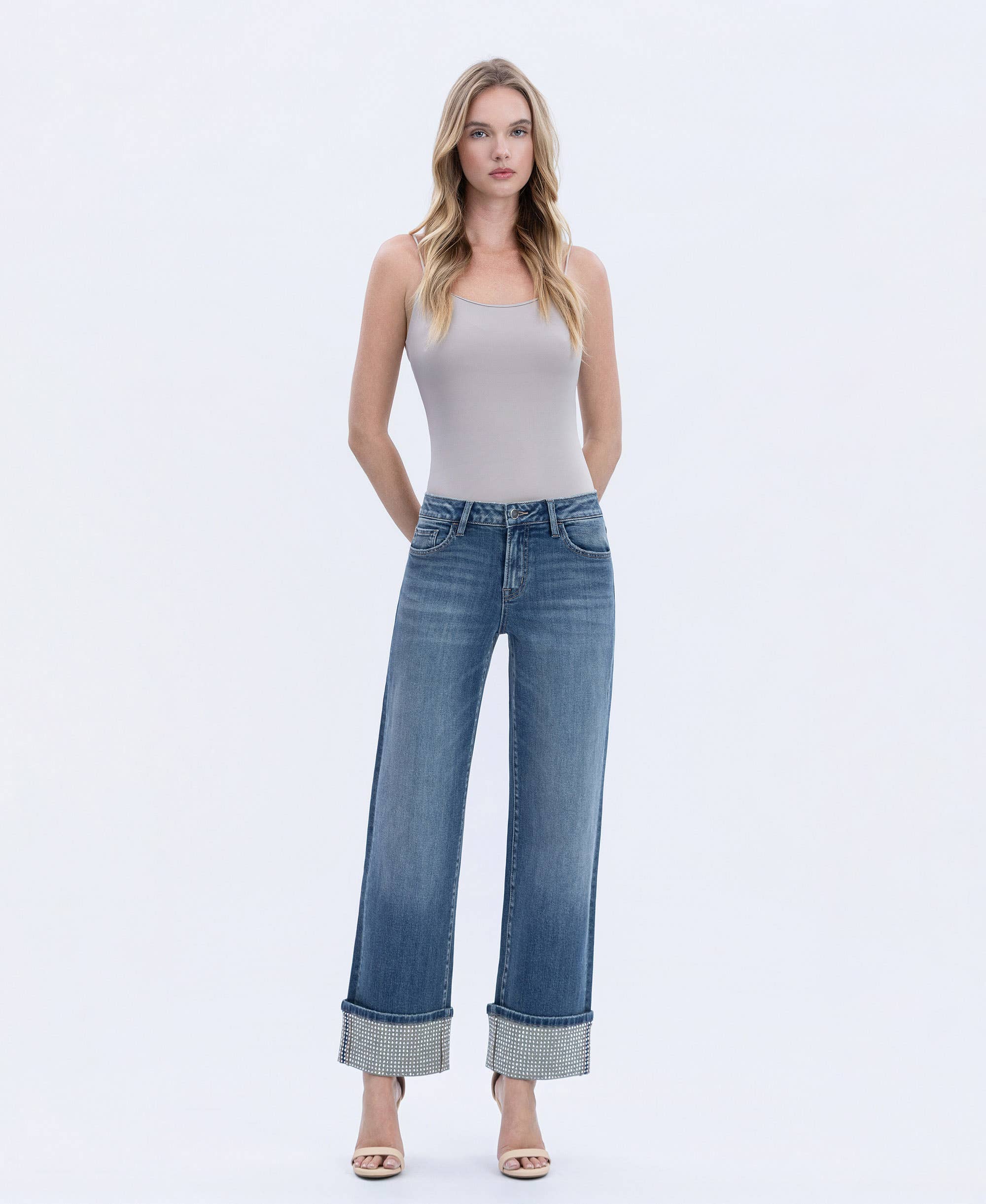 Wide Leg Cuffed Jeans – Mid Rise Mineral Silver Slim Wide Ankle Denim