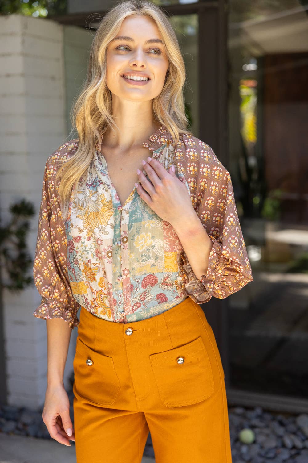 Raglan Top | Floral Mixed Print – Casual V-Neck Ruffle Sleeve