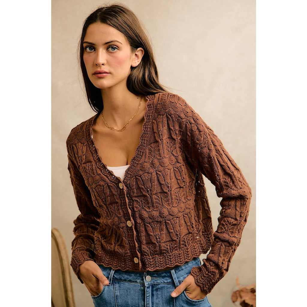 Textured Scallop Edge Button Cardigan Sweater