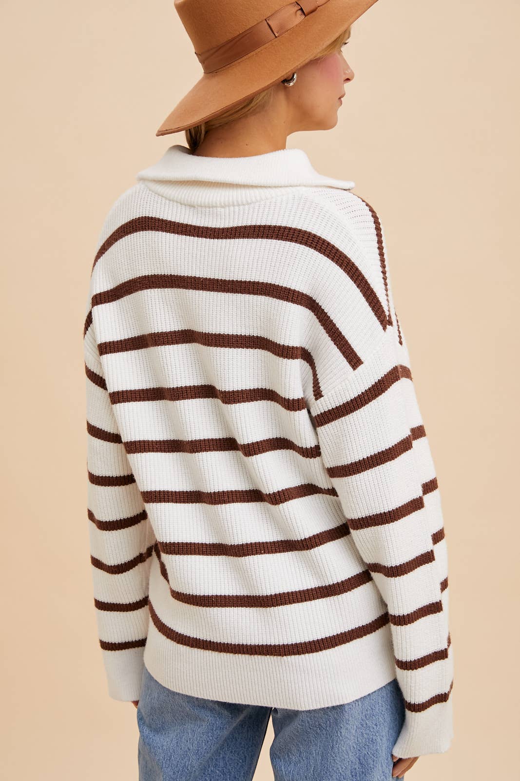 CREME/LATTE STRIPED HALF ZIP KNITTED PULLOVER Fall-Winter In Loom