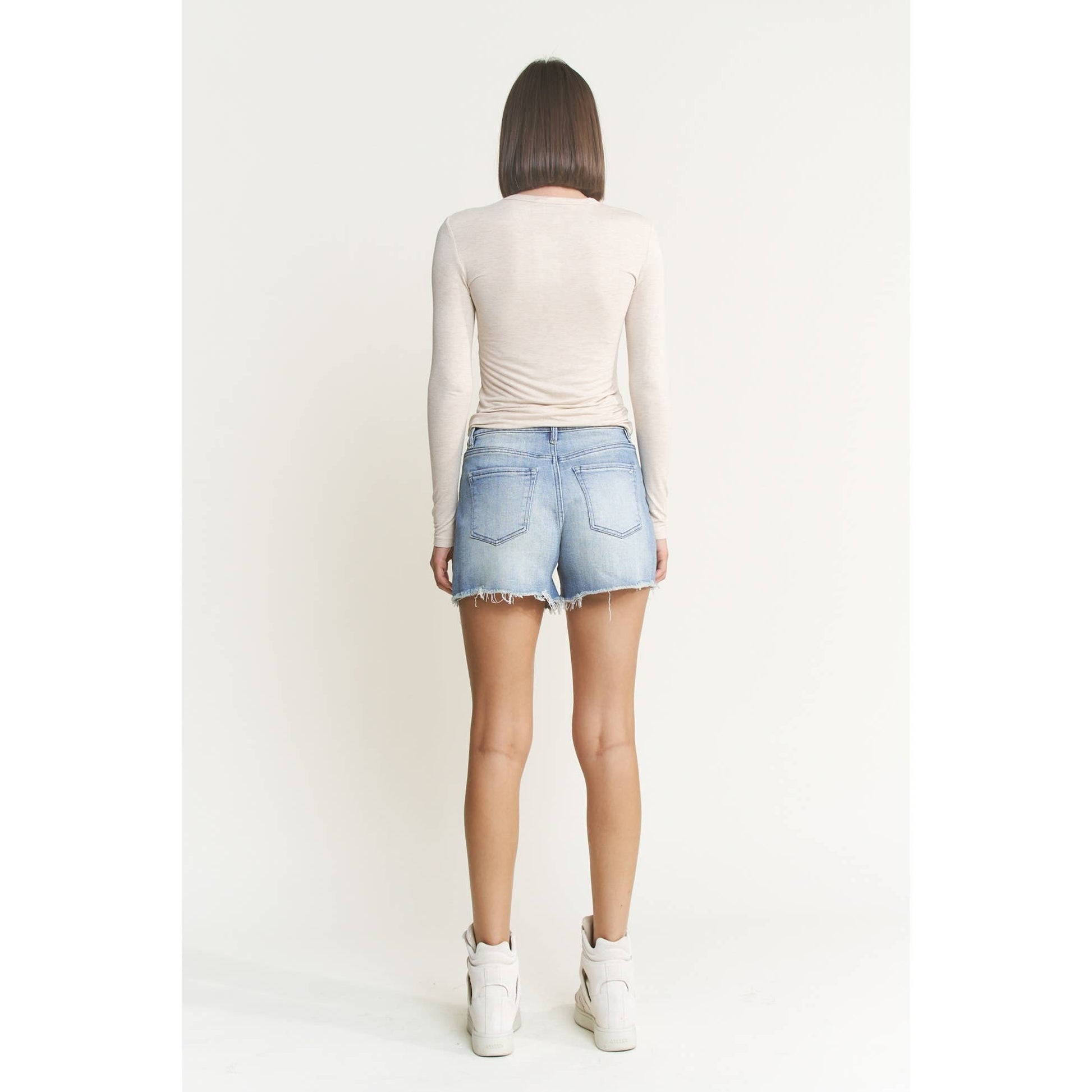 HIGH RISE FRAYED HEM COOL INDIGO SHORTS Mica Denim