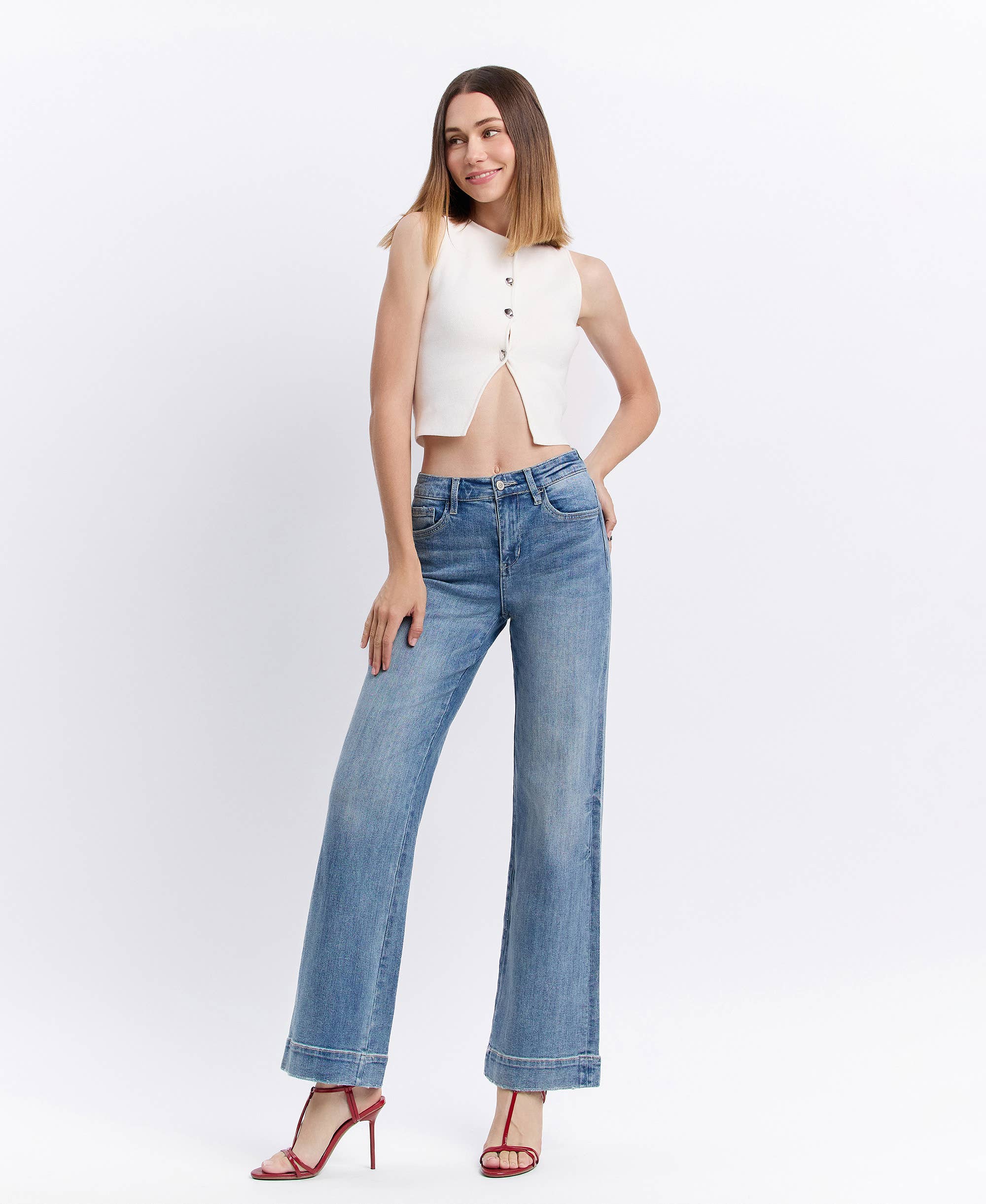 Wide Leg Jeans – High Rise Trouser Hem Full Length Denim