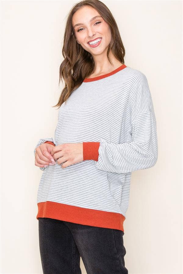 Heather Grey Contrast Trimmed Crew Neck Long Sleeve Pinstripe Terry Top Fall-Winter STACCATO