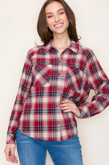 Scarlet Button Down Plaid Shirt with Double Chest Pockets Fall-Winter Staccato