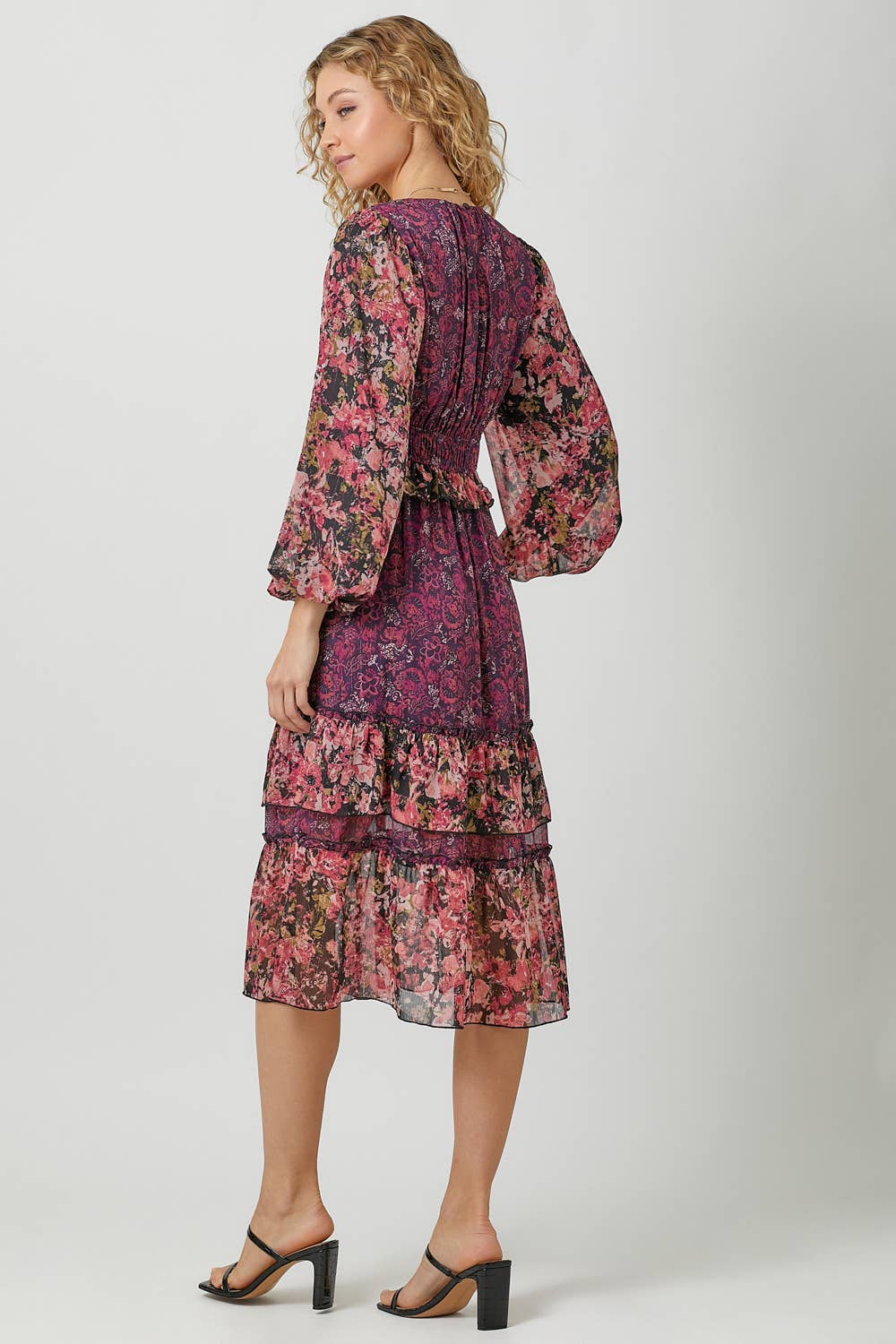 Burgundy Print Mix Floral Midi Dress Fall-Winter Mystree