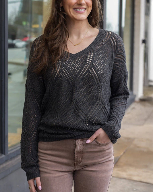V-Neck Pointelle Sweater in Charcoal