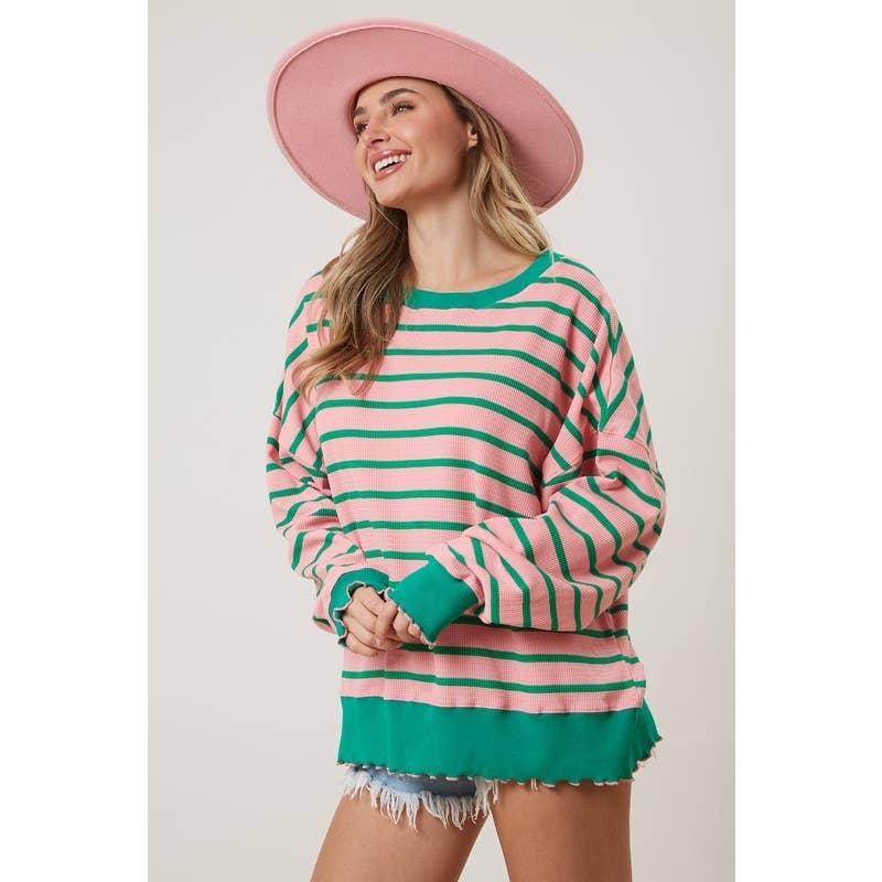 Oversized Pink and Green  Stripe Knit Top Spring-Summer STYLE USA