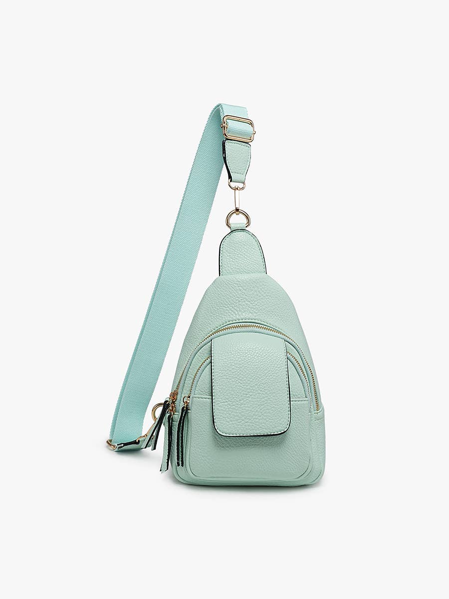 Sophia Sling Bag with flapover pocket, front snap and zipper pockets, adjustable strap, 8.5x10x3 inches, stylish fall crossbody bag