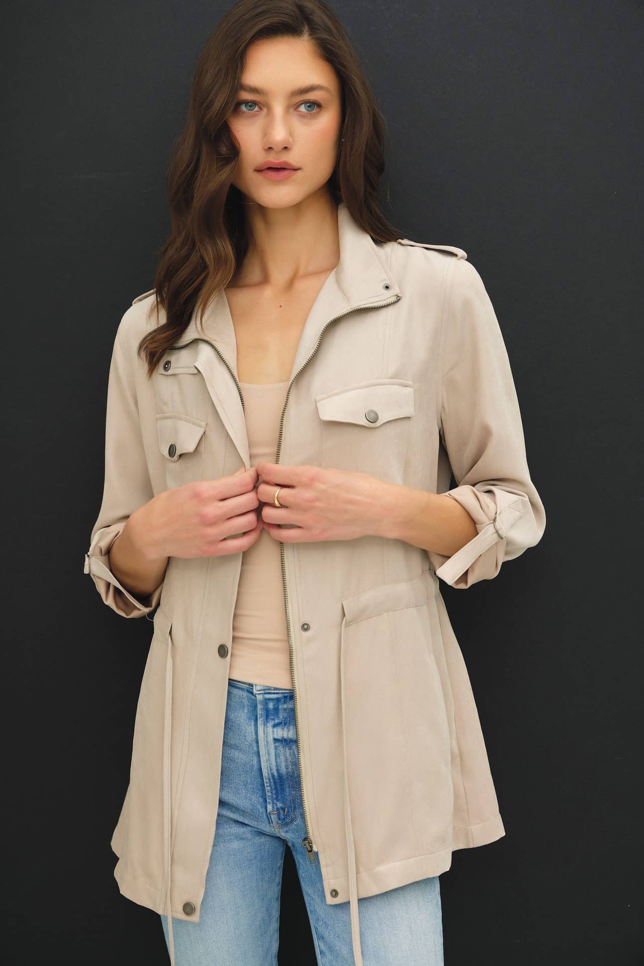 CINCHED WAIST SAFARI CARGO UTILITY JACKET
