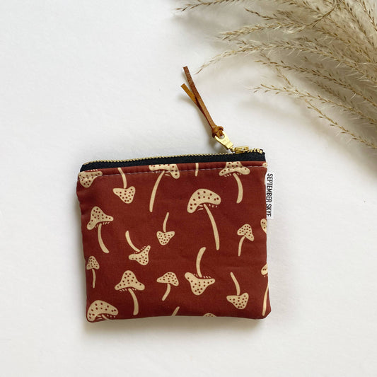 Fall Mushrooms in Deep Brown Small Square Pouch Fall-Winter September Skye Bags & Accessories