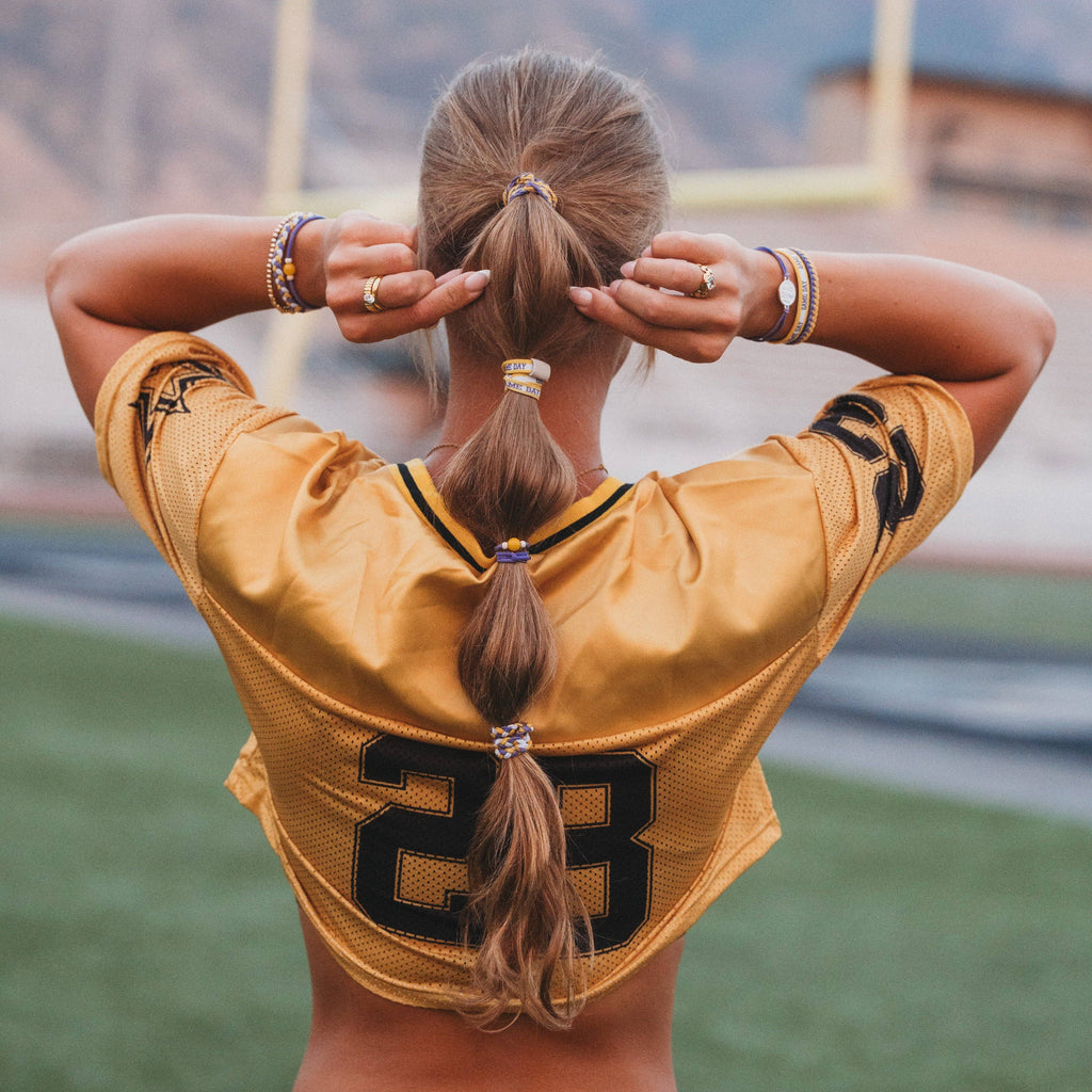 K'lani hair tie bracelets - "Game Day" Purple & Yellow Hair Tie Bracelets