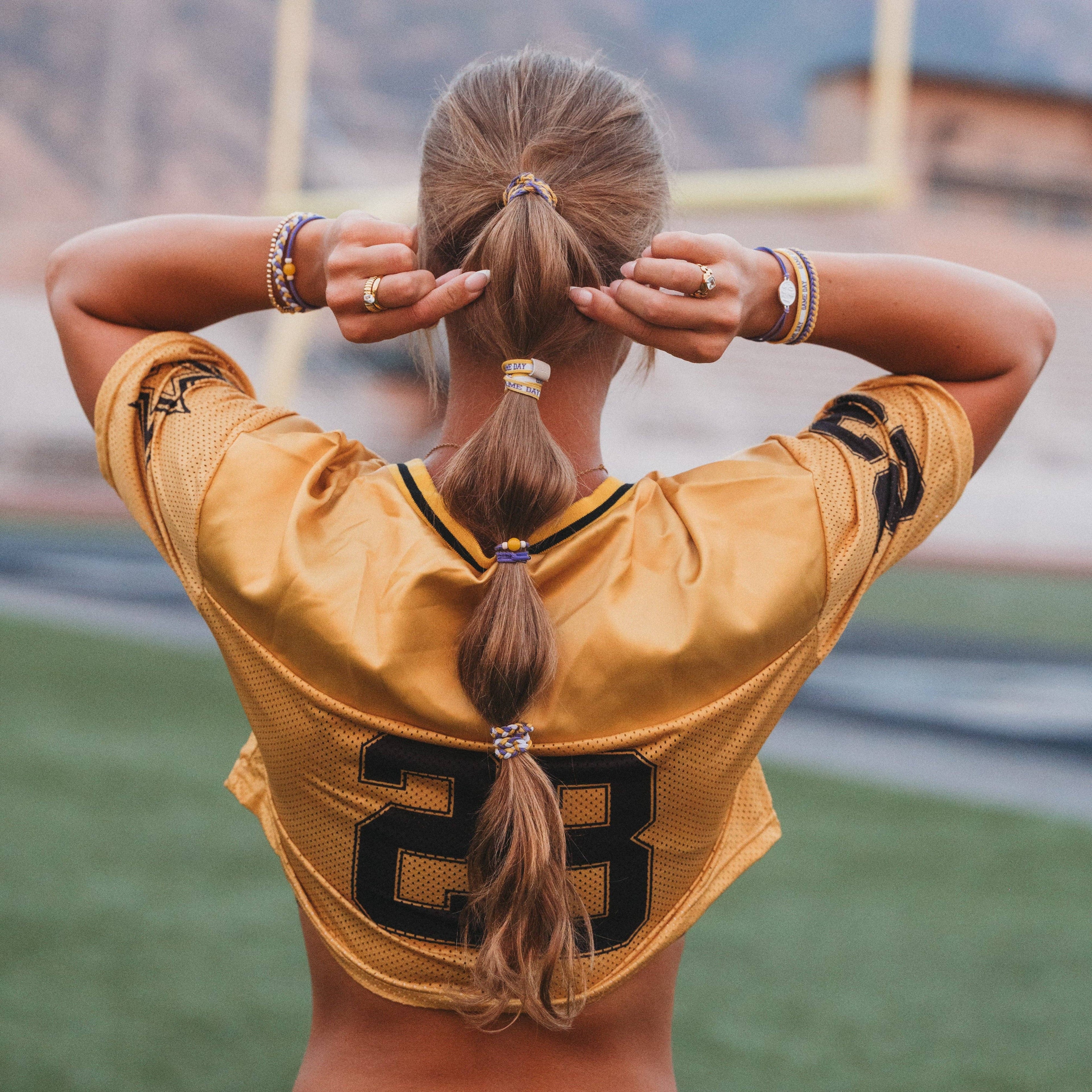 K'lani hair tie bracelets - "Game Day" Purple & Yellow Hair Tie Bracelets