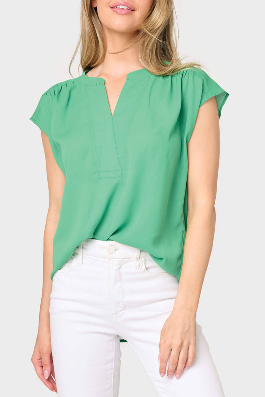 Green Cap Sleeve Stitched Notch V-Neck Blouse (ALSO IN CURVY) Fall-Winter Gibsonlook