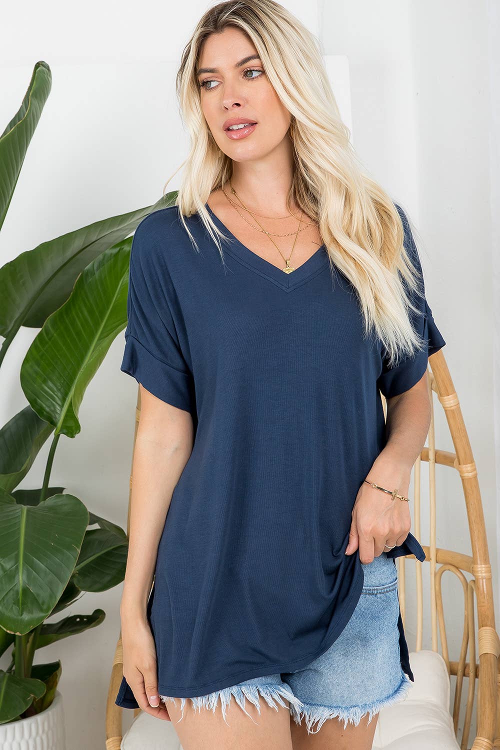 V-NECK RIBBED JERSEY TOP IN INK BLUE Spring-Summer Sweet Lovely by Jen