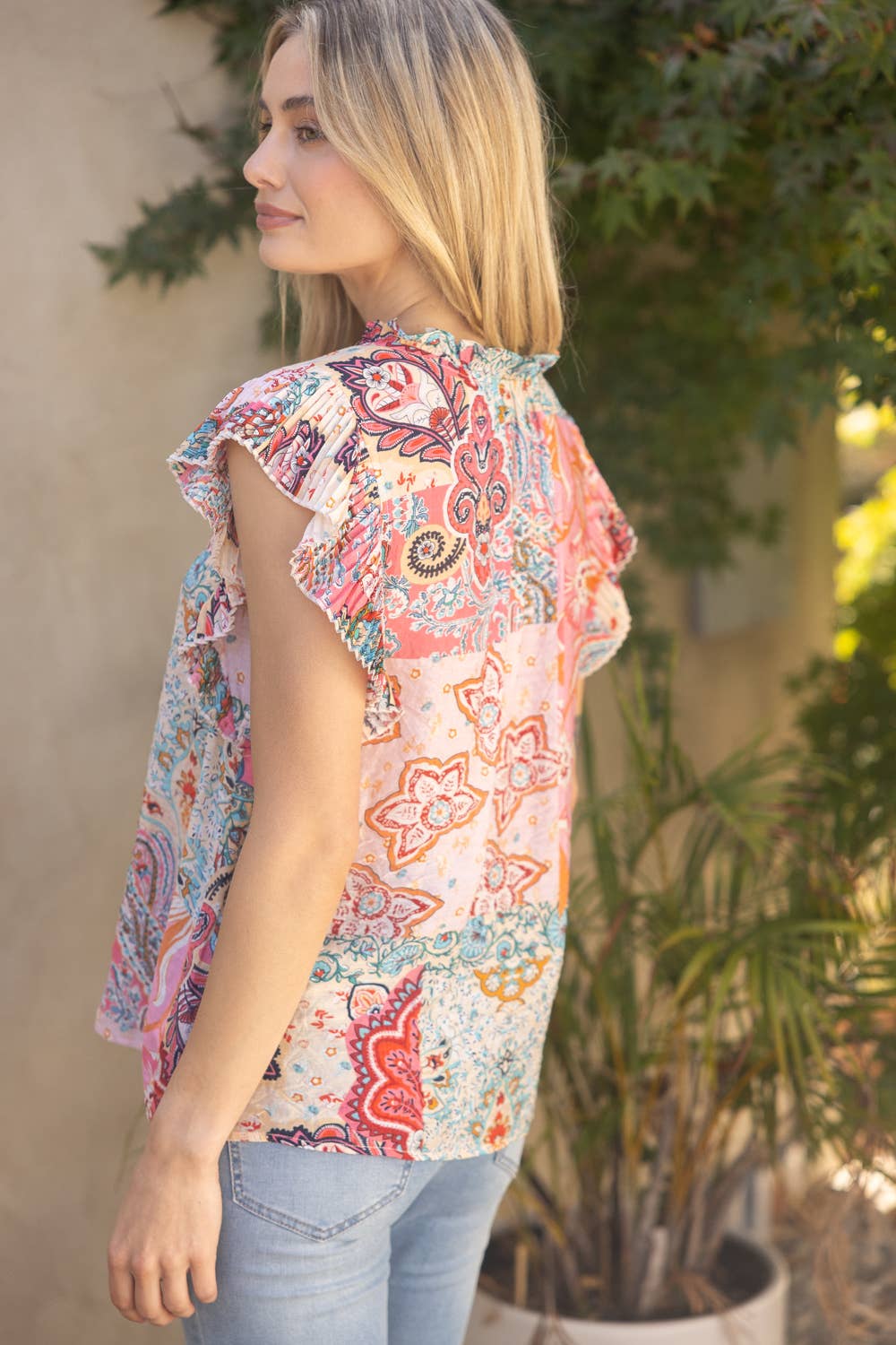Pink Pleated Sleeve Mixed Paisley Print Button Up Top VOY